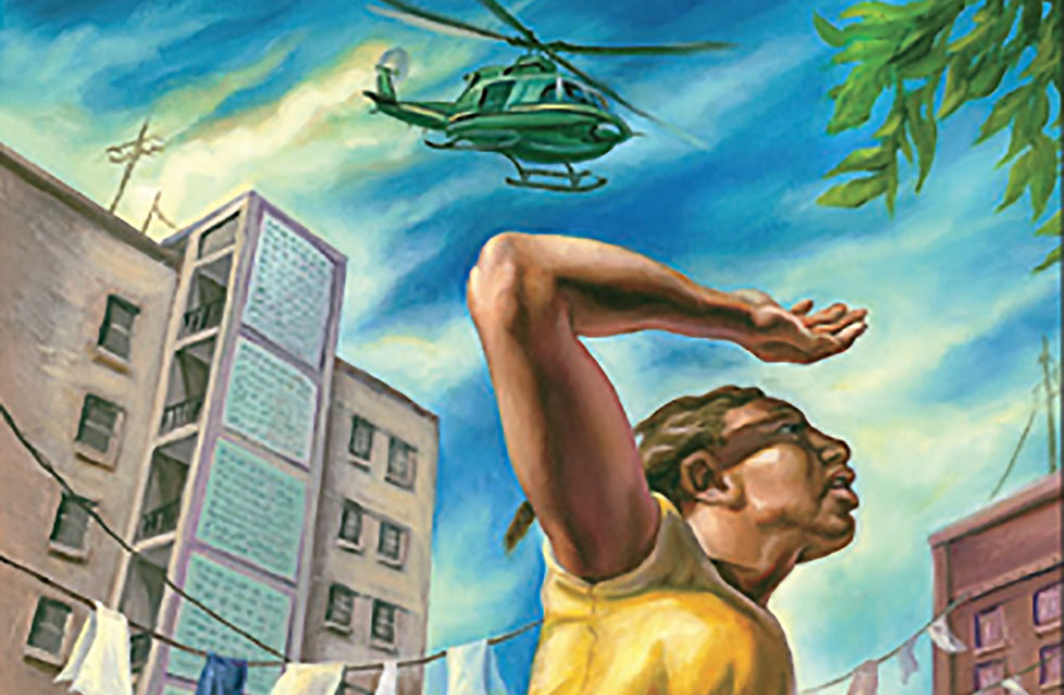 Illustration of woman with military helicopter over head