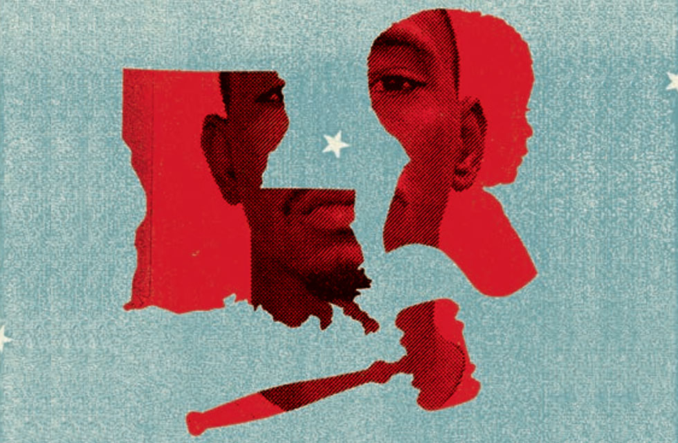 illustration: state of Louisiana, gavel, African American child, African American man